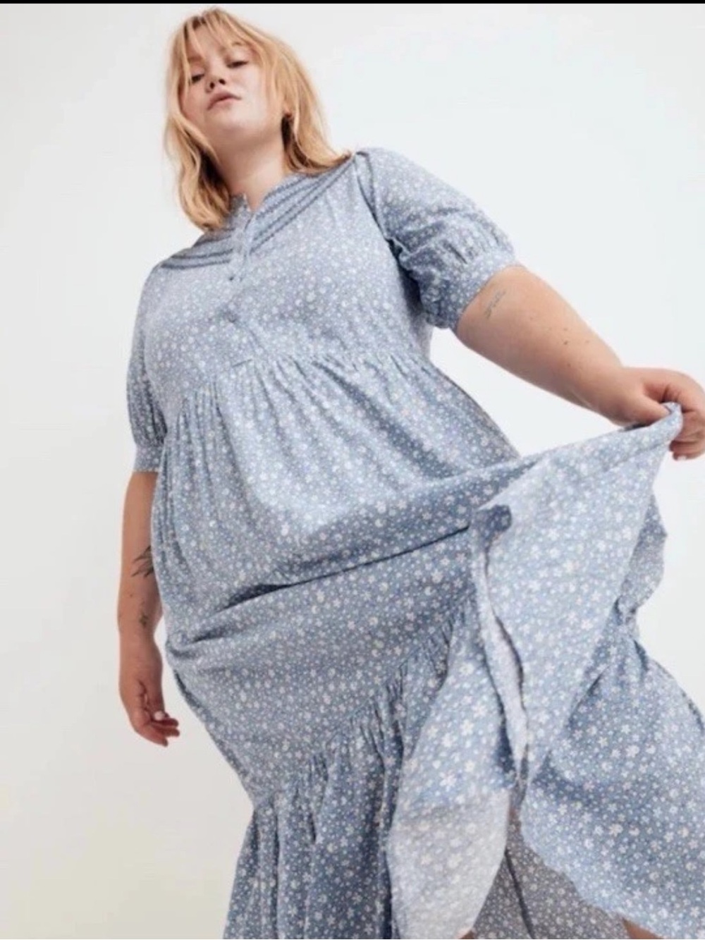 Madewell Midi Dress Embroidered Puff Sleeve Blue Ruffled M Cottage NH076 - Picture 6 of 15